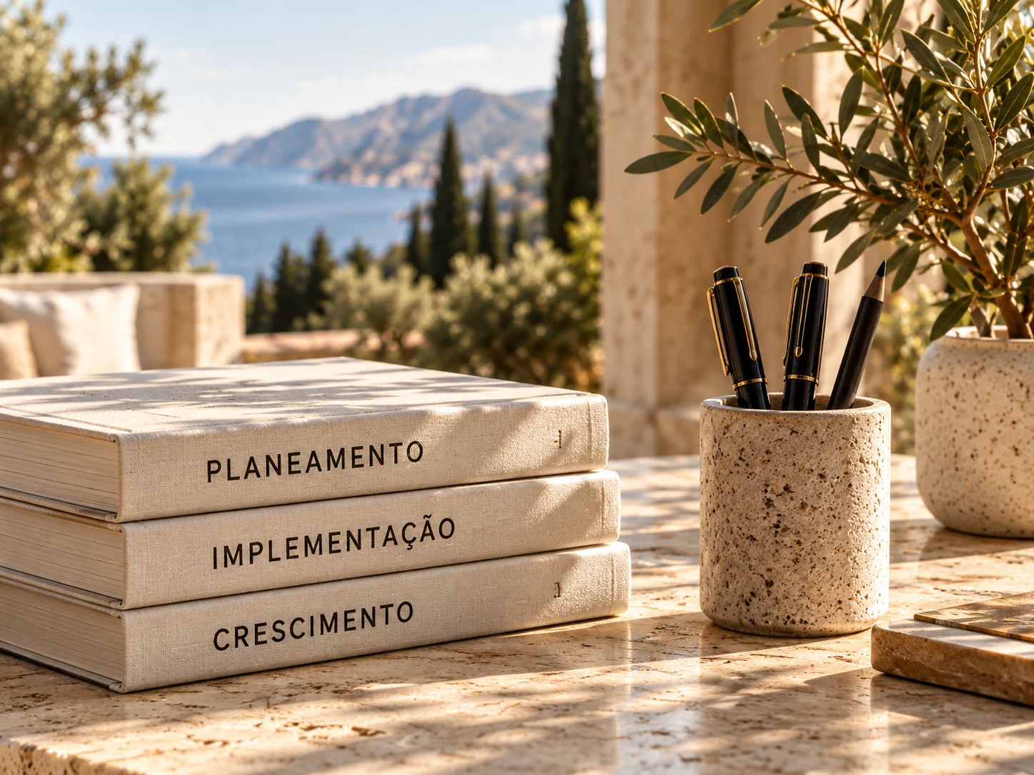Livros de planeamento, implementação e crescimento numa mesa de mármore, junto a uma oliveira e à paisagem costeira