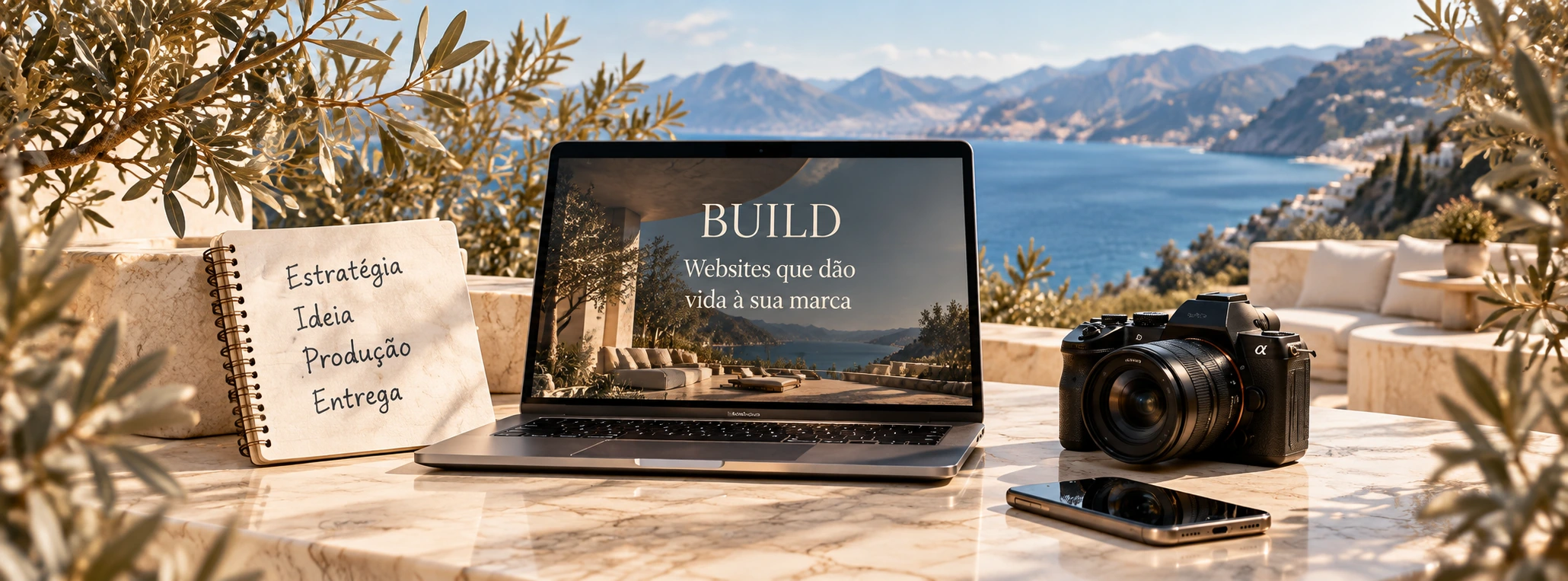 Notebook de estratégia, portátil BUILD e câmara numa mesa junto ao mar