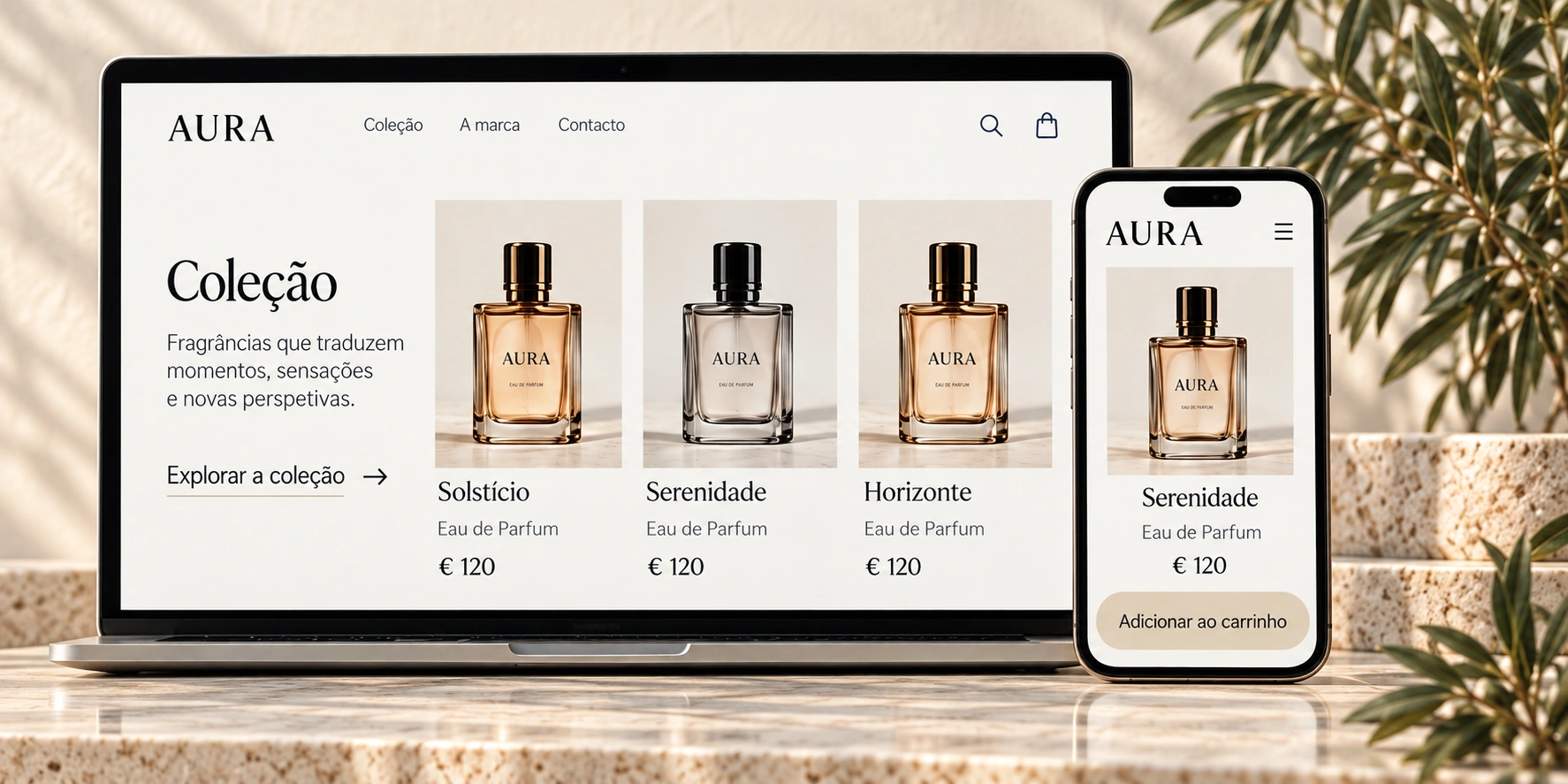 Portátil e telemóvel AURA sobre mármore, com uma loja de perfumes interativa nos dois ecrãs.
