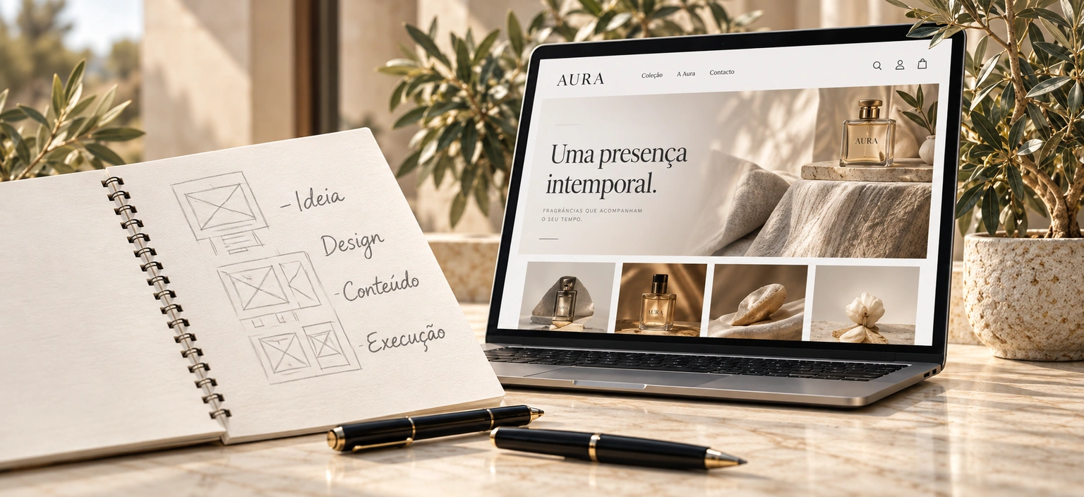 Caderno de wireframes, caneta e portátil com o website AURA sobre travertino.