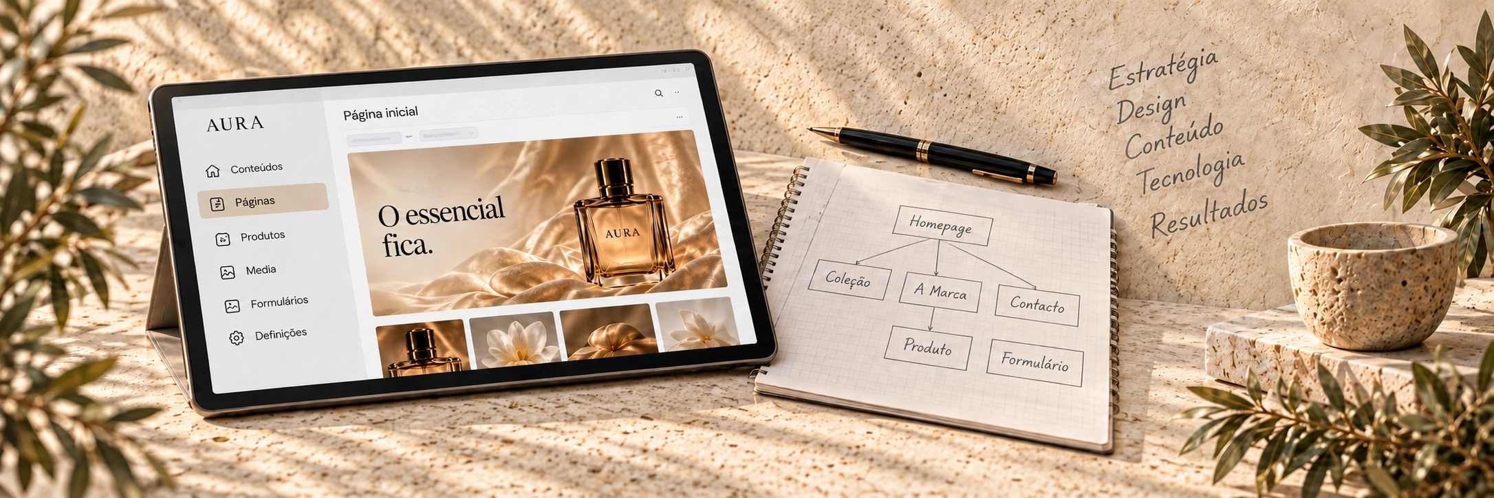 Tablet de gestão AURA e caderno com o mapa do website sobre mármore.