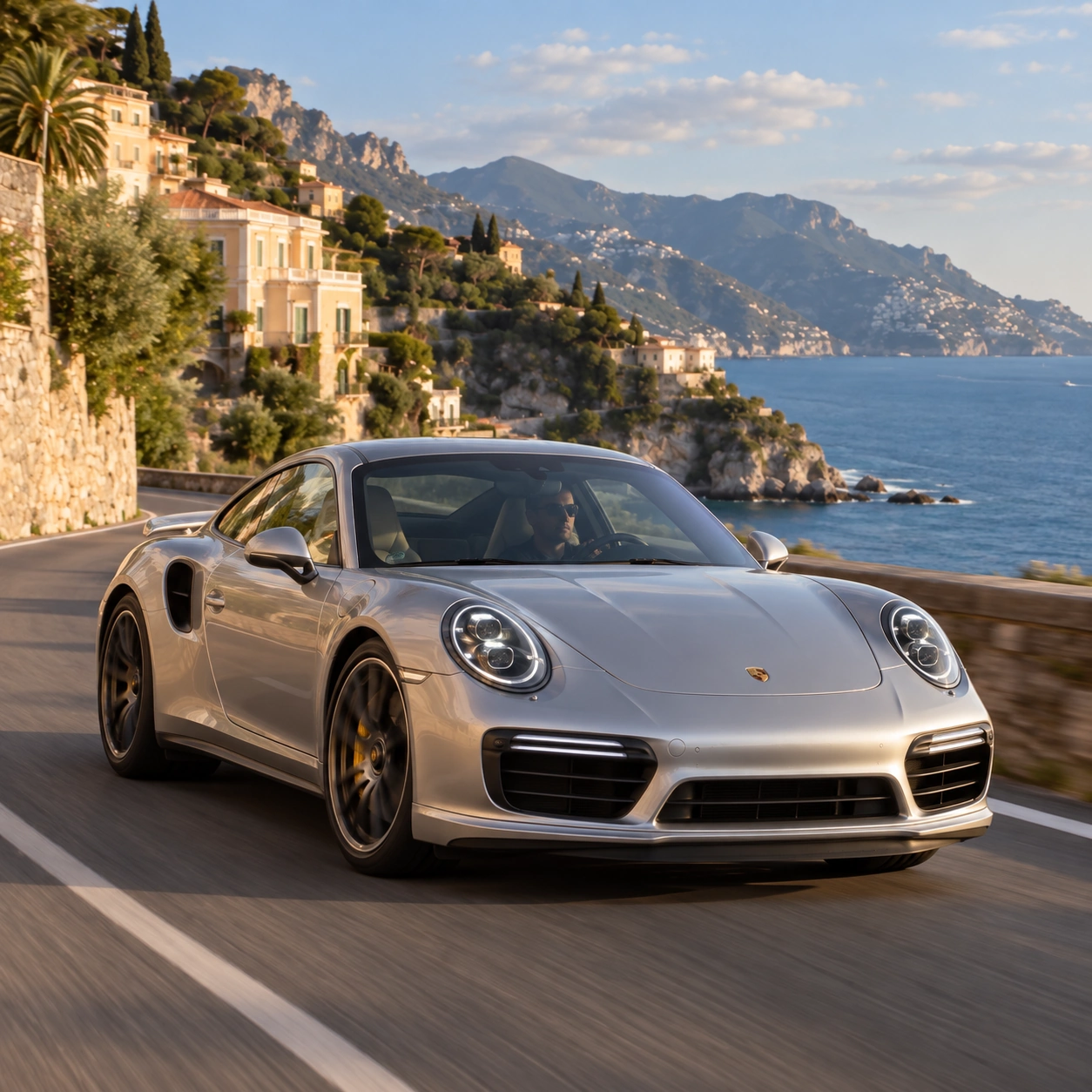 Porsche 911 Turbo S prateado numa estrada costeira, visto de frente em três quartos.