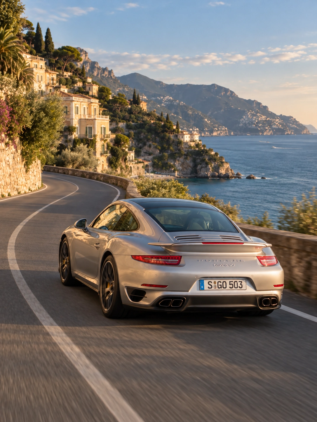 Porsche 911 Turbo S visto de trás numa estrada costeira