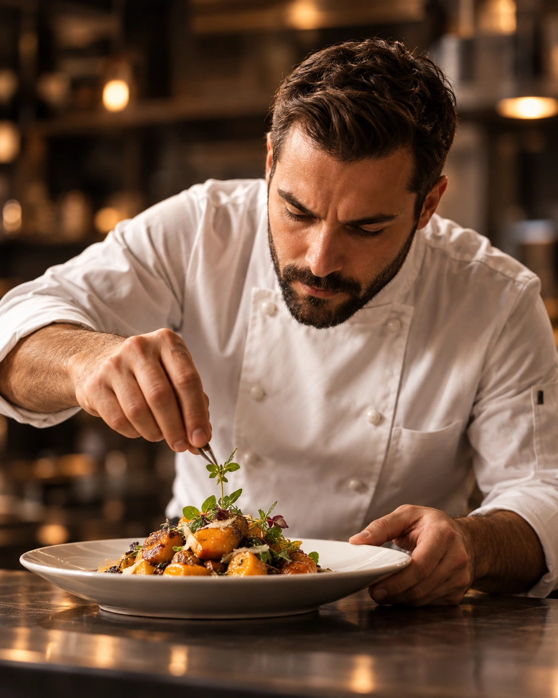 Chef a finalizar um prato num restaurante