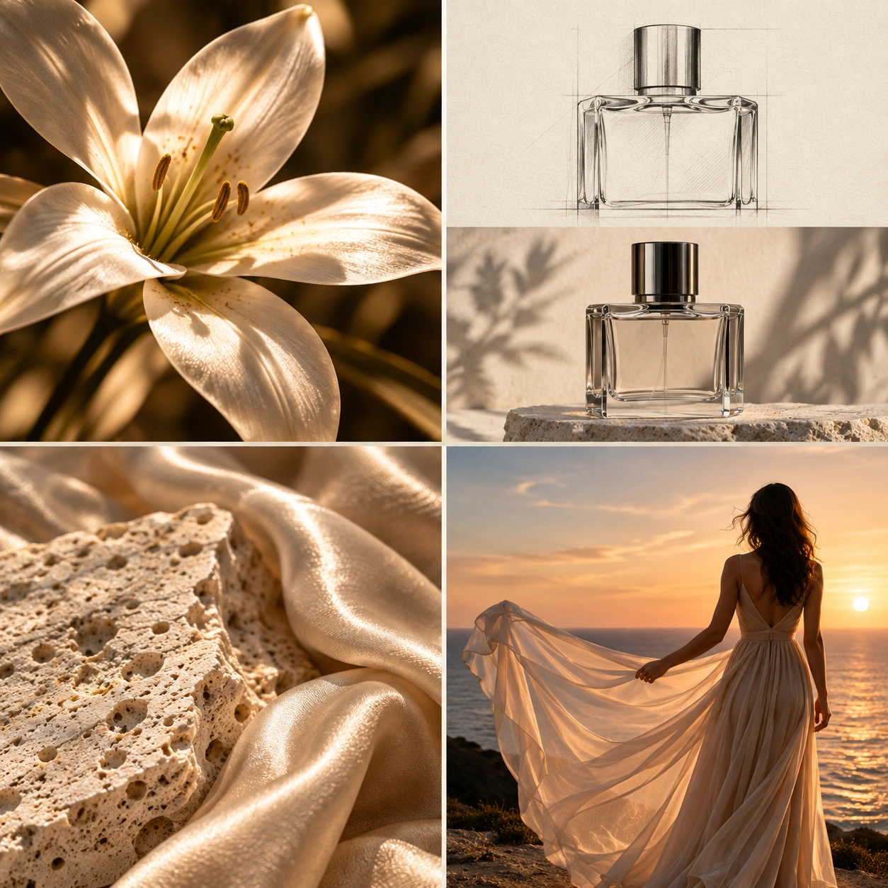 Estudos AURA: flor, desenho do frasco, materiais e uma mulher junto ao mar