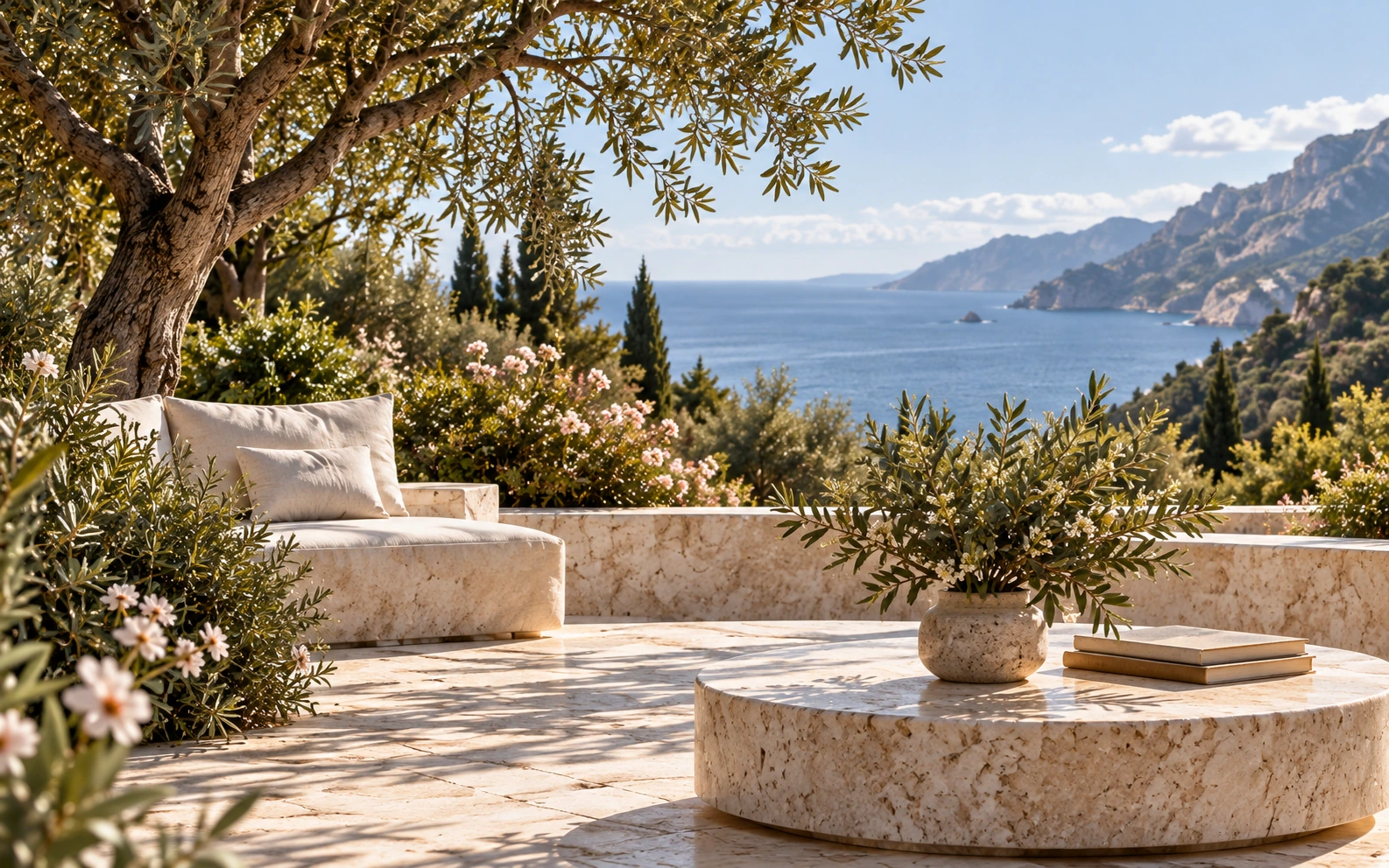 Terraço mediterrânico com oliveira, mesa redonda de mármore e vista para o mar.