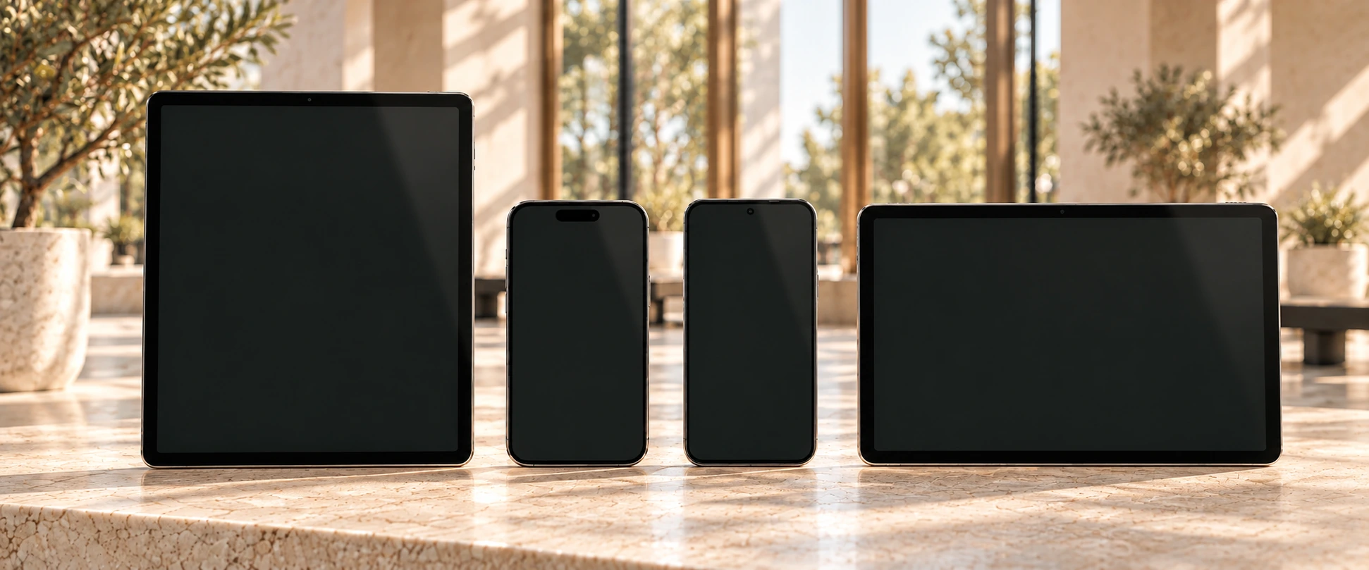 Quatro dispositivos FORMA numa mesa de pedra: Instagram, TikTok, Facebook e website, com fotografias de treino e do estúdio.