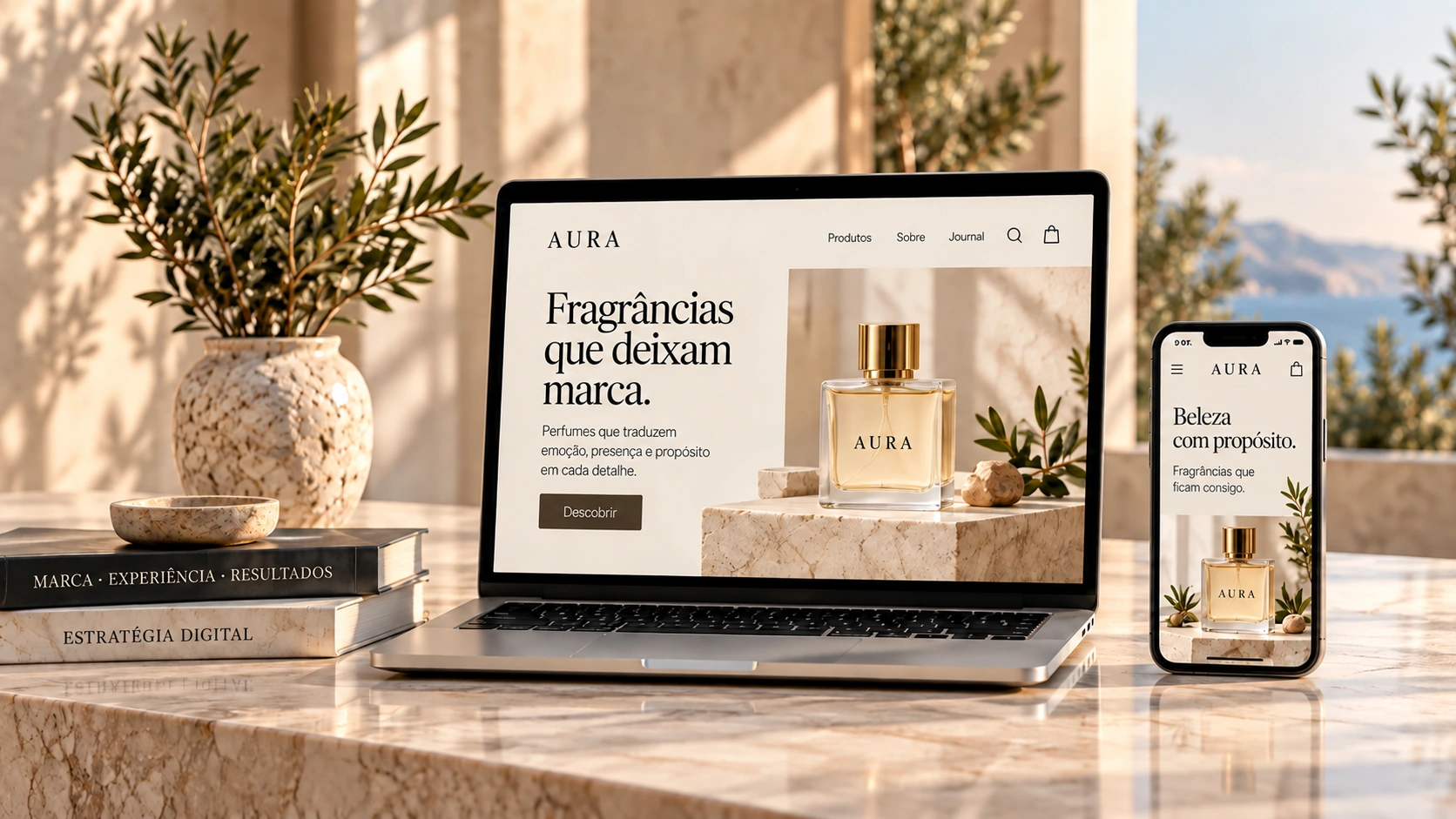 Website AURA num portátil e telemóvel, com livros e uma oliveira sobre uma mesa de mármore
