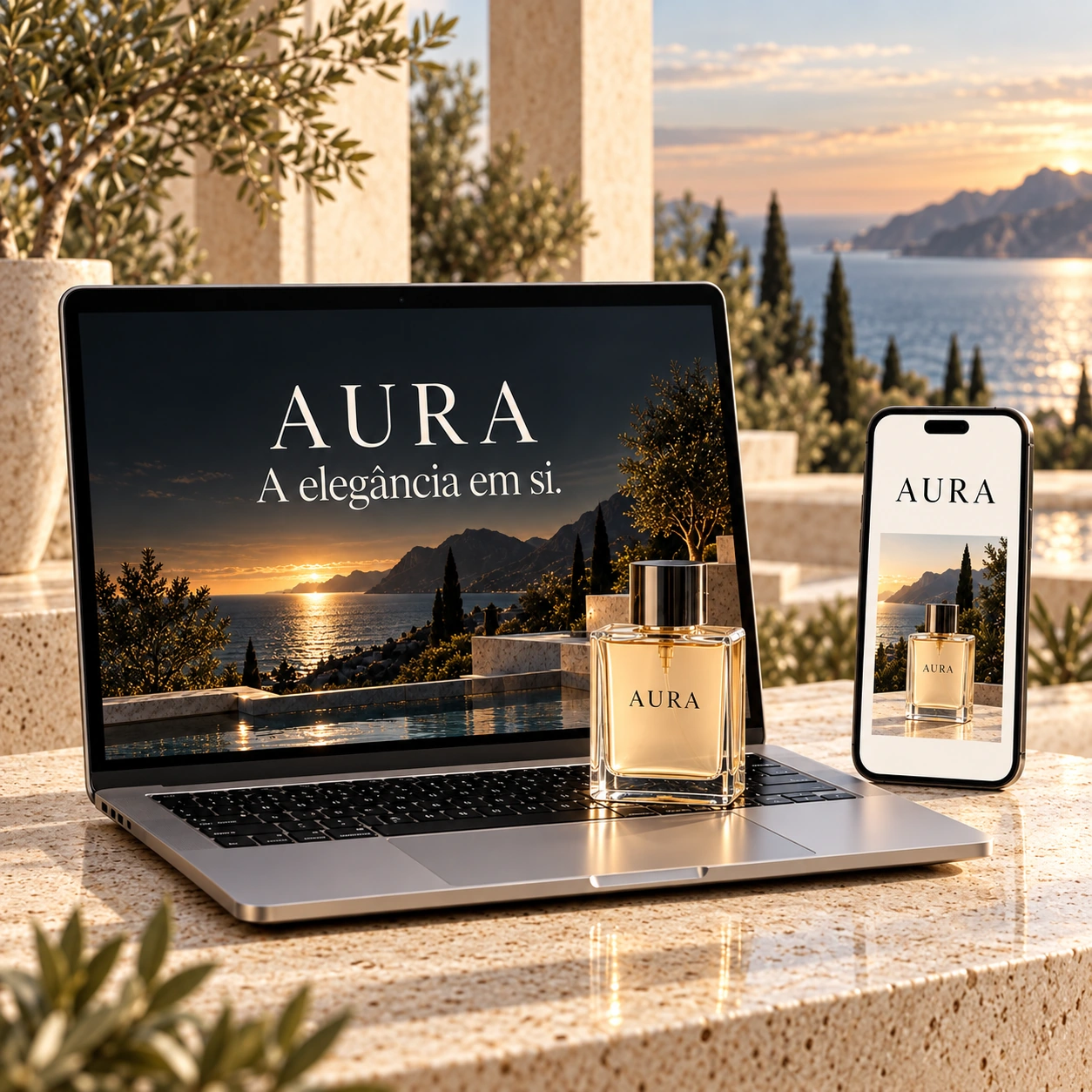Website e identidade AURA apresentados num computador e telemóvel, sobre pedra clara.