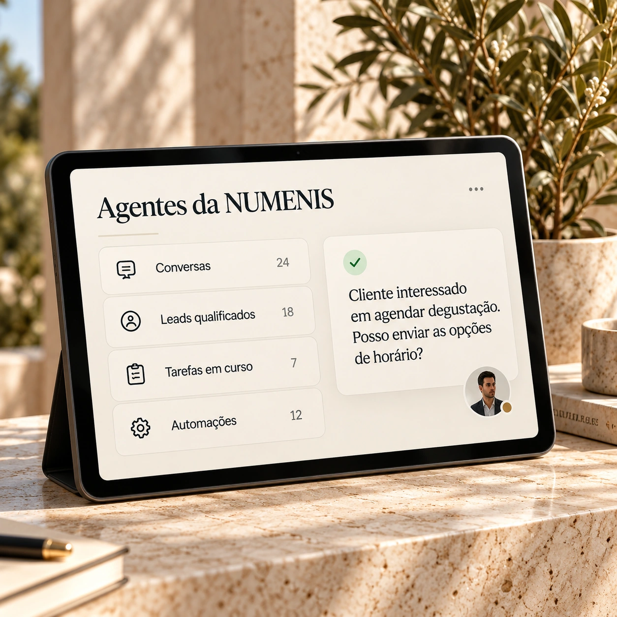 Agentes da NUMENIS num tablet, com exemplos de conversas e tarefas.