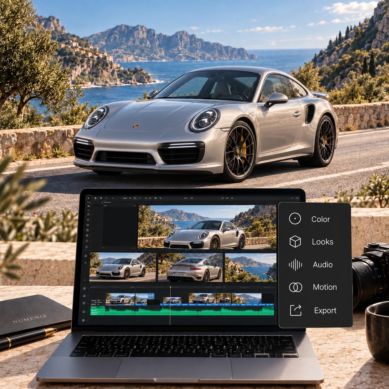 Porsche 911 Turbo S prateado junto à costa e edição do seu filme num portátil.