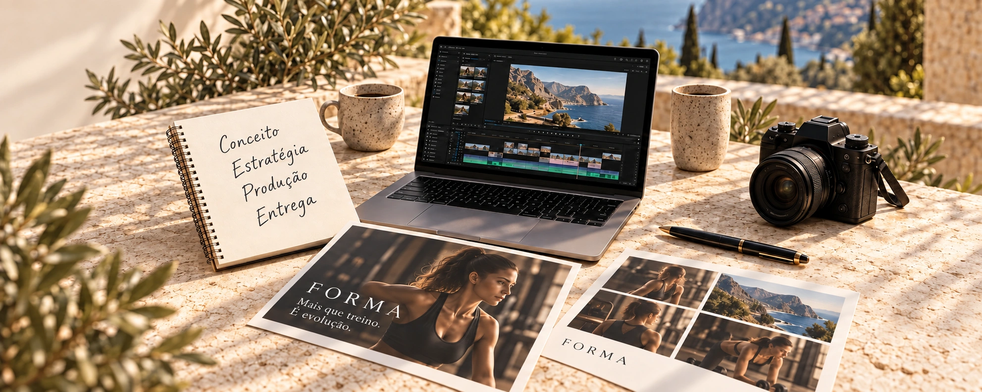 Mesa criativa com caderno de conceito, estratégia, produção e entrega, edição de filme, câmara e impressões da campanha FORMA.
